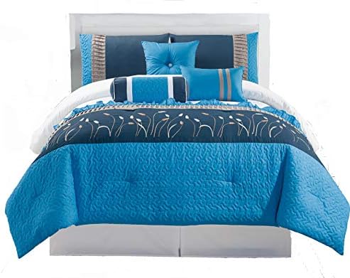 Legacy Decor 7 pc Microfiber Aqua, Blue and White, Striped with Embroidered Design Comforter Set, Full Size