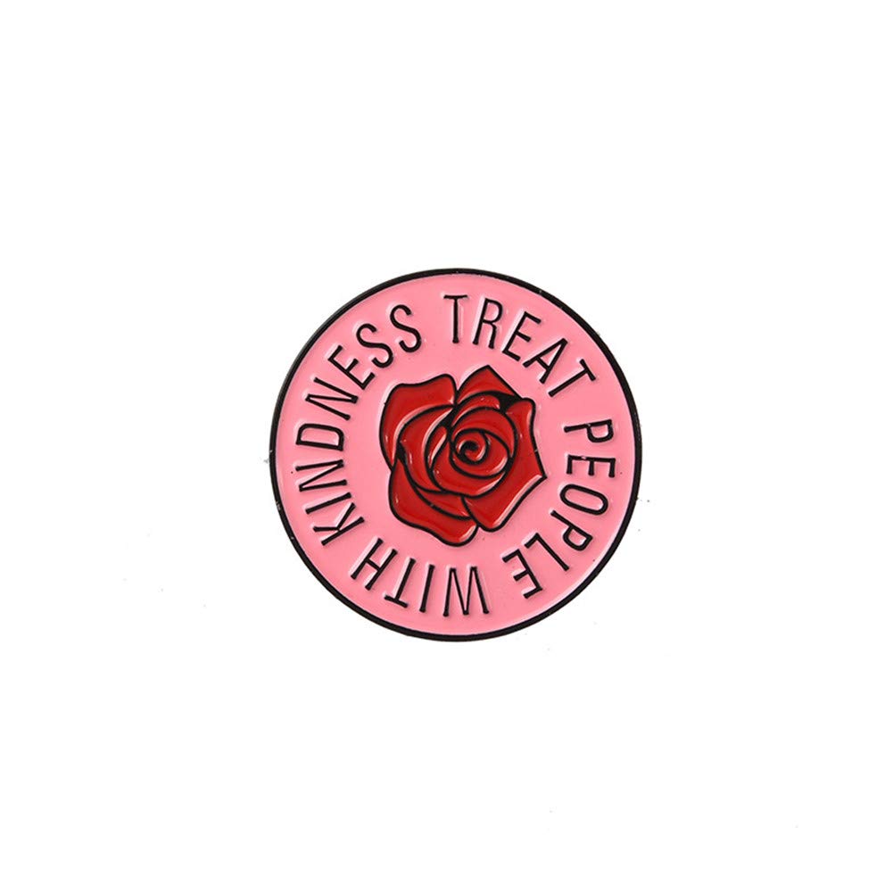 Red Rose Flower Enamel Lapel Pins Badges Treat People with Kindness Letter Brooches Pins Pink Kitten Circle Round Broaches for Women Girls