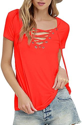 JasWell Women's Sexy Plain Deep V Neck Lace Up Short Sleeve Blouse Top 4XL,Orange