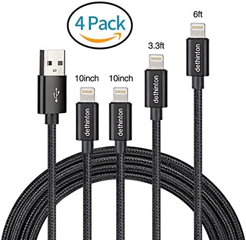 iPhone Charger Cable with Ultra Slim Connector, dethinton Nylon Braided iPhone Cable Lightning Cable for iPhone X / 8 / 8 Plus / 7 / 7 Plus / 6 / 6 Plus / 5S (4 Pack) - Black