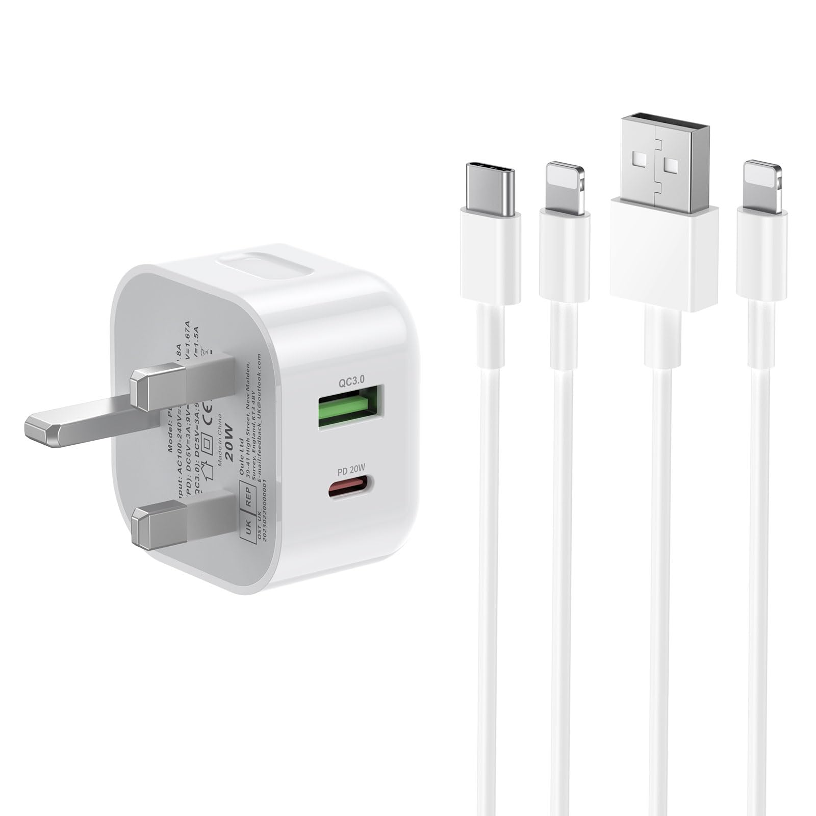 iPhone Charger - 20W Fast Dual Port Plug with 2-Pack 2M Cables for iPhone 14/14 Plus/14 Pro/14 Pro Max/13/12/Mini/SE 2020/11/X/XR/XS Max/8/7/Plus, iPad Pro/Air etc - UK Type C Wall PD Charging Adapter