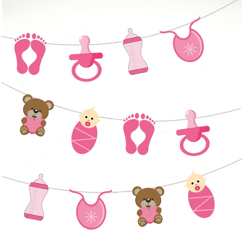 AK Giftshop Baby Girl or Boy Pink Baby Shower Gender Reveal Christening Bunting Party Decorations - 12pcs / 2.5m Ribbon