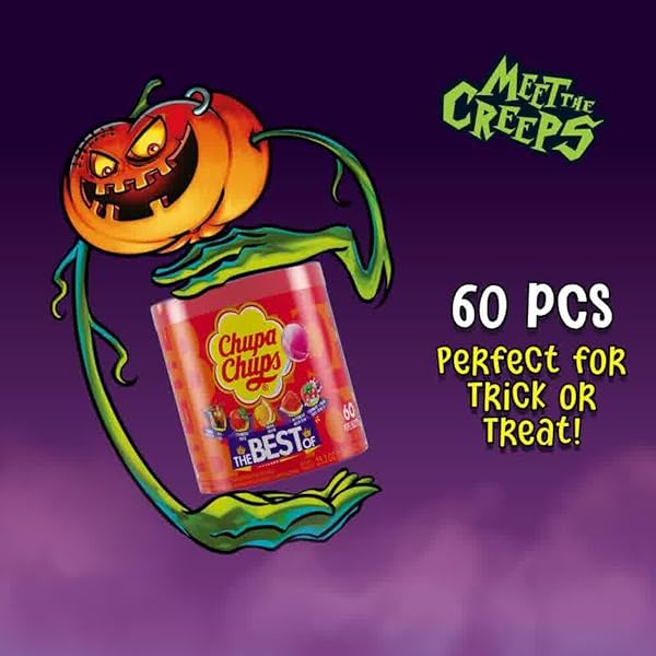 CHUPA CHUPS ‘BEST OF’ HALLOWEEN TRICK OR TREAT CANDY LOLLIPOP VARIETY ASSORTMENT, 5 FLAVORS, INDIVIDUALLY WRAPPED BULK CANDY FOR ADULTS & KIDS, 25.3 OZ DRUM (60 SUCKERS)