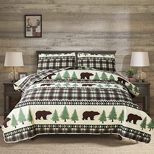 Junsey Rustic Bear Quilts Set King Size,Lightweight