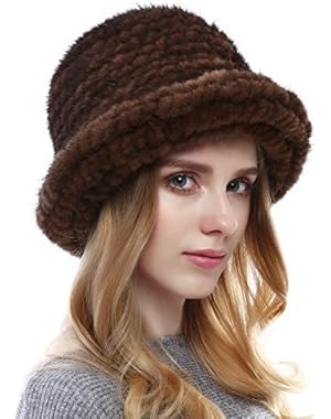 Real Mink Fur Hat - Women's Winter Knitted Bucket Hats With Flower Pin