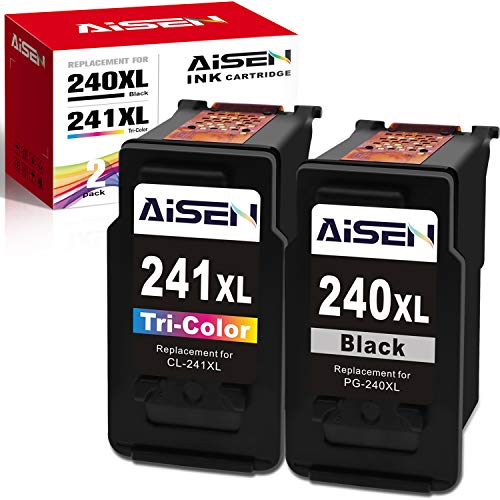 AISEN Remanufactured Canon Ink Cartridges 240 and 241 Replacement for Canon PG-240XL 240 XL CL-241XL 241 XL Used in PIXMA MG3620 TS5120 MX472 MX452 MG3522 MG2120 MG3520 MG3220 (1 Black 1 Tri-Color)