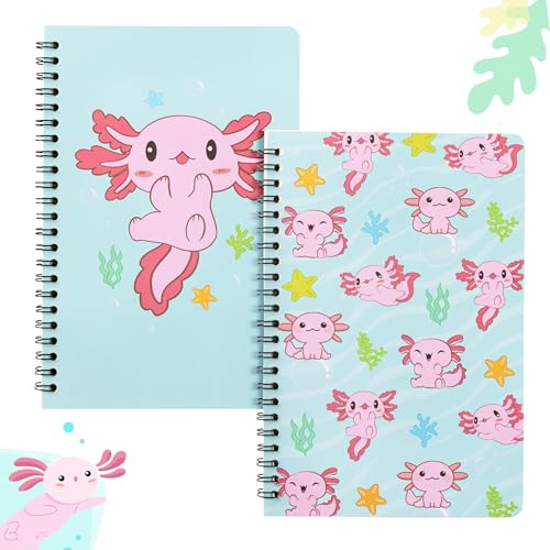 L1rabe 2 A5 Axolotl Spiral Notebooks Christmas Gift Animal Mexican Walking Fish Lined Journal Notepads for Women Girls Cute Axolotl Pattern Exercise Book Students School Office Winter Birthday Gifts
