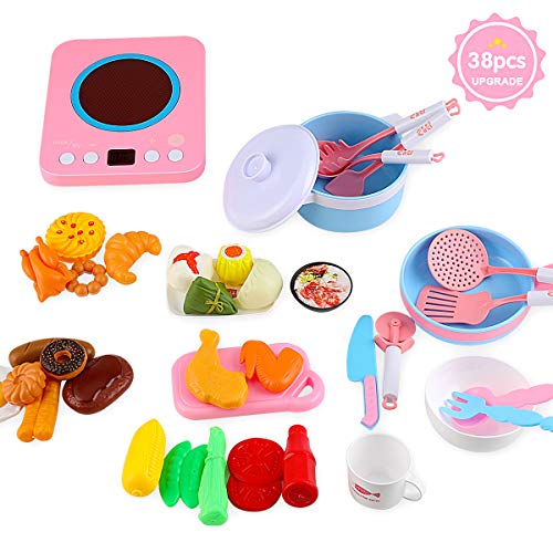 Kids Kitchen Pretend Play Accessories Toys,MOICO 38pcs Pretend Toy Kitchen Cookware Playset Pots and Pans Cooker with Light Sound,Cooking Utensils, Food Play Set for Toddlers Girls Boy Birthday Gifts