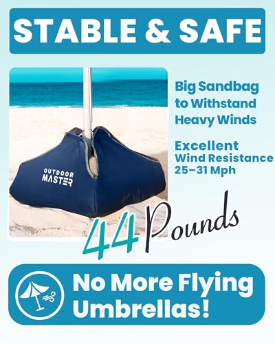 OutdoorMaster Beach Umbrellas for Sand with Sandbag & Anchor, 7.2ft Adjustable Umbrella for Beach Heavy Duty Wind, Portable UPF50+ Sunshade with Carry Bag for Patio