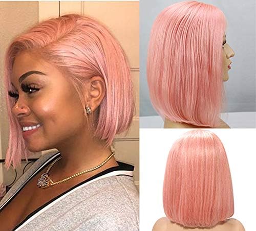 SmartinnovPink Bob Wigs Straight Lace Front 180% Density Pre Plucked Virgin Human Hair 12inch Middle Part 13x4 frontal Bleach Knot with Baby Hair Pink Color Wig for Women(Could be restyle)