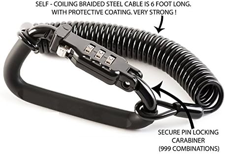 Motorcycle Helmet Lock &amp; Cable Sleek Black Tough Combination PIN Locking Carabiner Device Secures Your Motorbike, Bicycle or Scooter Crash Hat (and Jacket) to Your Bike Christmas gift