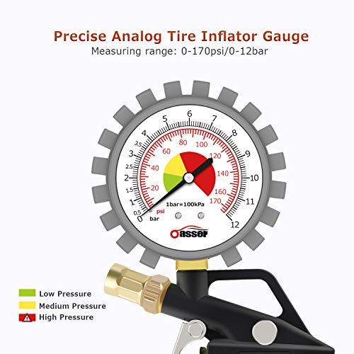 Oasser Tire Inflator with Pressure Gauge 170PSI Tire Gauge Inflator Air Compressor Accessories with Brass Air Chuck Quick Connect Coupler - Thumbnail 2