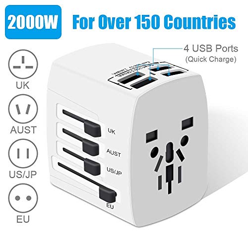 Travel Adapter, 2000W International Power Adapter, All in One Universal Power Adapter with 4 USB 3.0 Ports, for UK, EU, AU, US, Over 200 Countries (White)