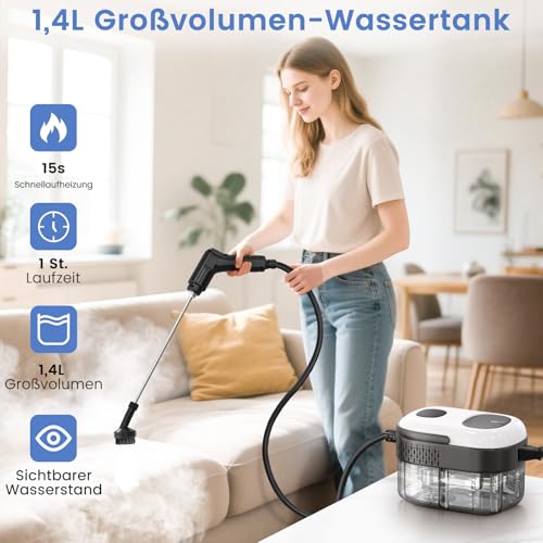 Granarbol 2500 W Professional High Pressure Steam Cleaner Handheld Device for Everything, 15 Second Heating 1.4 L Hand Steam Cleaner, with 18 Pieces Cleaning Set and Extension Rod, for Floor