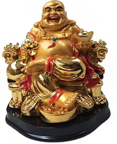 Ripe India Fengshui Laughing Buddha Sitting On Chair Ingot And Money Coin For Health, Wealth And Happiness (Big Size 13 Cm) Golden