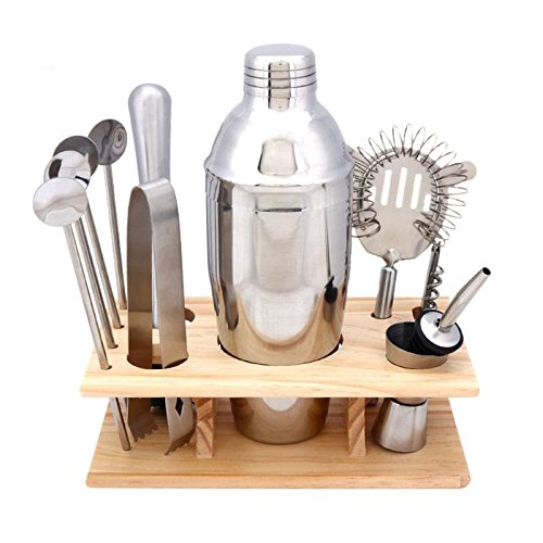 Hulorry 14 Piece 750ml Stainless Steel Cocktail Shaker Kit Cocktail Shaker,Counting Cup,Hippocampal Knife,Strainer,Muddler,Ice Clip,Mixing Spoon,2 Pourers,4 Bar Spoon,Wooden Frame by