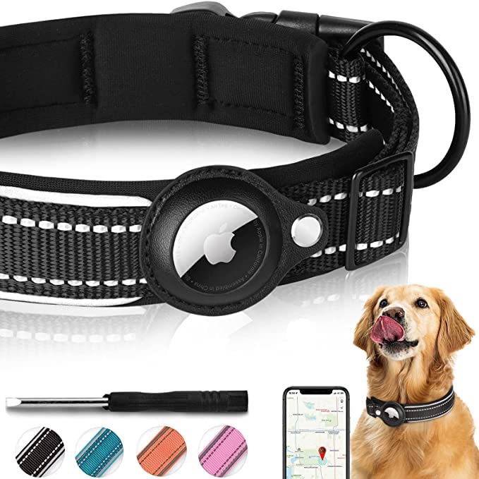 Airtag Dog Collar, Reflective Nylon Dog Collar, Adjustable Pet Collar With Quick Release Buckle, Apple Airtag Collar With Holder For Small, Medium, Large and Extra Large Dogs (Medium, Black)