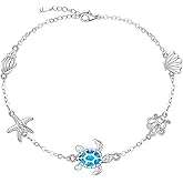 Talonior Sea Turtle Ankle Bracelets for Women Blue Opal Turtle Anklet Sterling Silver Sea Beach Starfish Octopus Conch Ocean Anklets Jewelry Mothers Day Summer Gifts