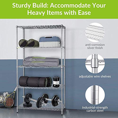 5-Tier Wire Shelving Unit, Adjustable Steel Storage Shelves 35.4" D x 17.7" W x 66.9" H, Commercial Storage Organisation Rack Heavy Duty Steel Shelving for Kitchen Bedroom Bathroom Office Garage - Thumbnail 2
