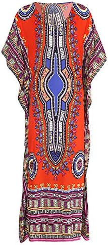 Women's White Ethnic Print Kaftan Maxi Dress Summer Beach Dress