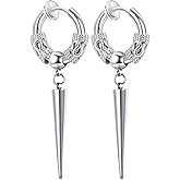 Men's Fashion Korea Style Stainless Steel Huggie Hinged Hoop Earrings with Long Chains Dangle Retro Feather Leaf Skull Awl for Men Women Boys