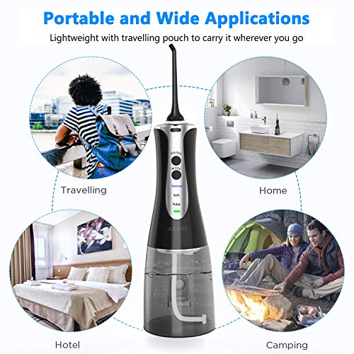 Water Flosser,JOOFO 2019 Newest Cordless Water Flosser Teeth Cleaner for Anti Leakage,3 Modes and 5 Jet Tips,300ML Portable&Rechargeable IPX7 Waterproof Oral Irrigator for Home,Travel,Office (Black)