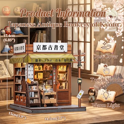 CUTEBEE Book Nook Kit – Casa de Muñecas para Adultos, Tienda de Estilo Japonés Delicada, Casa en Miniatura DIY con Luz LED, Decoración para Estantería, Regalo (Antique bookery of Kyoto)