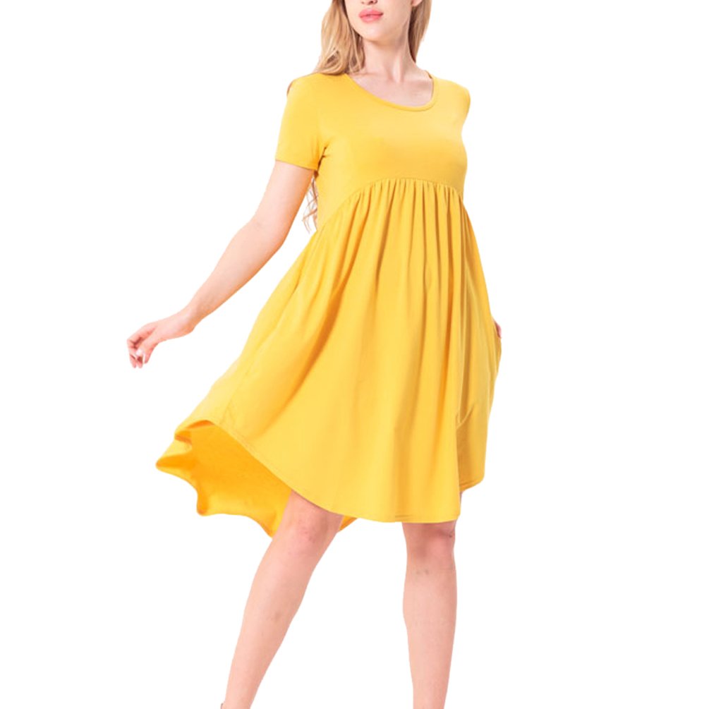ENJOYNIGHT Women's Casual Summer Short Sleeve High Low Pleated Swing Loose Flared Midi Dress (Large, Yellow)