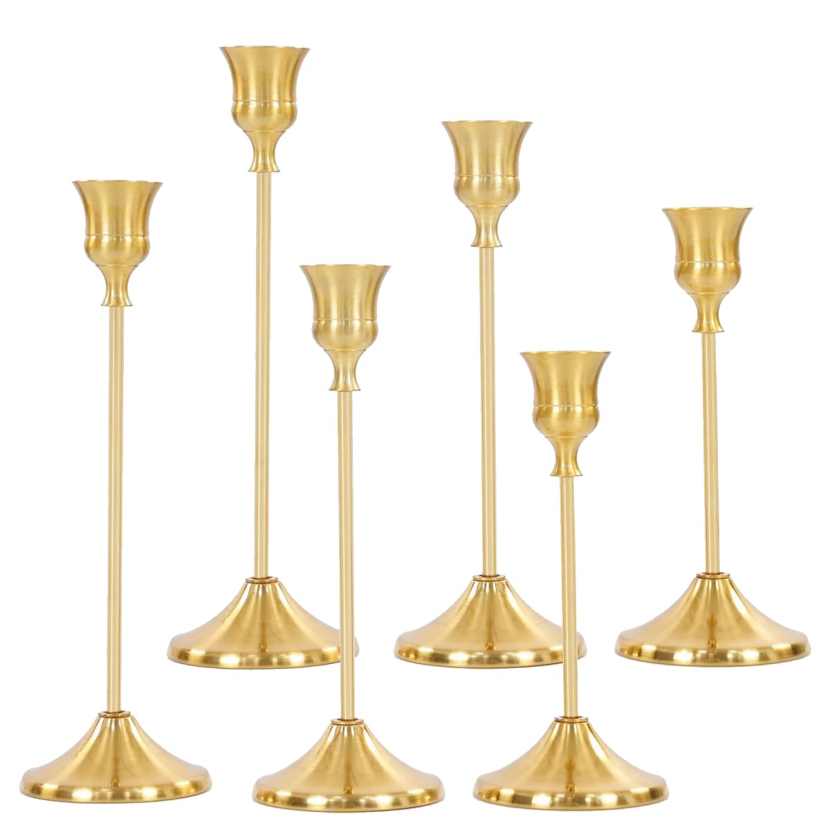 Photo 1 of 6Pcs Candlestick Holders,Brass Gold Metal Taper Candle Holder for Pillar Candles Sticks Holder for Wedding Fireplace Table Centerpiece Mantel Housewarming Gift