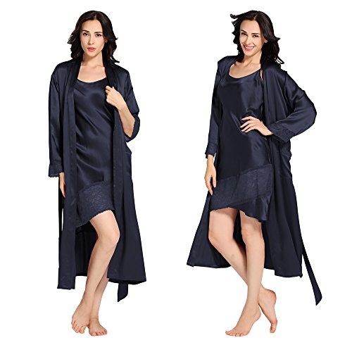 【お年玉セール特価】シルク ローブ レディース ネイビーブルー XL 2点セット /22匁 高級シルク100% / ギフトにも最適 / LilySilk (リリーシルク)