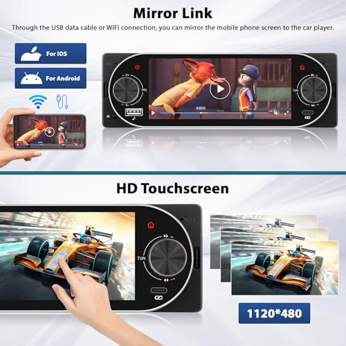 Inefala Radio Display 1 DIN with Carplay and Android Auto, 5.1'' Touch Screen with Bluetooth, Mirror Link, FM/RDS USB Type-C EQ, Rear View Camera