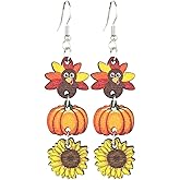 Cute Thanksgiving Wooden Earrings Turkey Pumpkin Maple Leaf Sunflower Dangle Earrings Thanksgiving Fall Earrings Jewelry Gifts for Women