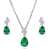 BERRICLE Sterling Silver Cluster Simulated Emerald Cubic Zirconia CZ Fashion Necklace and Earrings Set for Women, Rhodium Plated