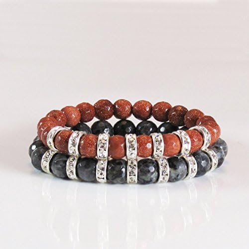 HathaFit Women's Stretch Bracelet Set with Natural Larvikite, Goldstone and Swarovski Crystal Beads