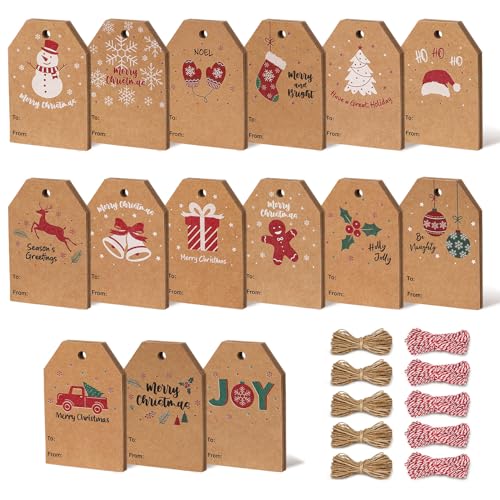 Blisstime Christmas Kraft Paper Gift Tags Pack of 120, Christmas Label Gift Tags with String Natural Jute Twine for Gift Wrapping
