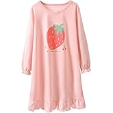 KISBINI Little Girls Cotton Nightgowns Strawberry Long Sleeve Princess Pajama Cute Dress for Girls