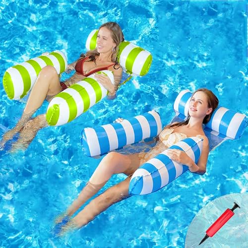 2 Juegos de Hamaca Inflable,3 Válvulas Inflables Hamaca de Agua,Plegable Flotador Piscina con Bomba de Aire,Multiusos para Silla de Descanso, Drifter,Hamaca Flotante para Alberca(Azul Claro y Verde)