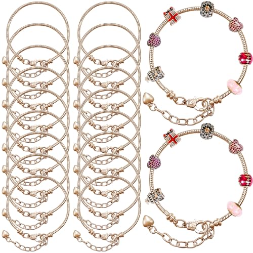 Hicarer 20 Pcs Chain Bracelet for Jewelry Making Women DIY Adjustable Snake Charm Bracelet with Heart Shape Extender Chain(Gold)