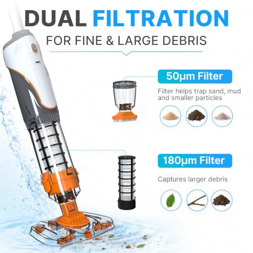 Cordless Pool Spa Vacuum Cleaner Rechargeable Handheld Pool Vacuum | with 60-Min Runtime Dual Filtration 3 Cleaning Heads Telescopic Pole for Sand Leaves Hot Tubs Above Ground & Small Pools