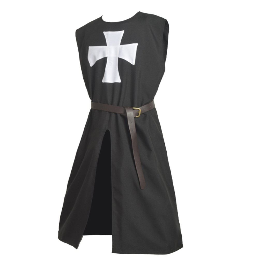 BLESSUME Medieval Hospitaller Knight Tunic Surcoat with Belt ... (Black 1)(Size: One Size)