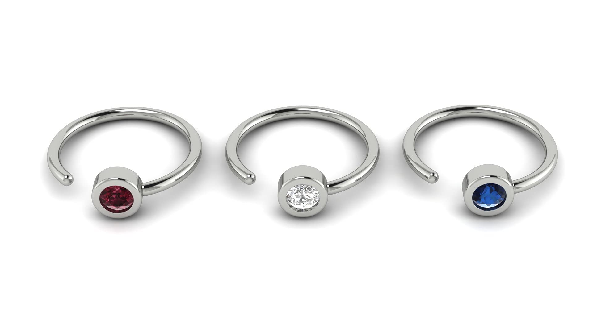 Hoop Nose Ring 20 Gauge 0.8mm 316L Surgical Steel C-Shape Stud Bone Ring Piercing Bar Pin 2mm Gem (Set of 3 - Blue, Pink, Clear Hoop)