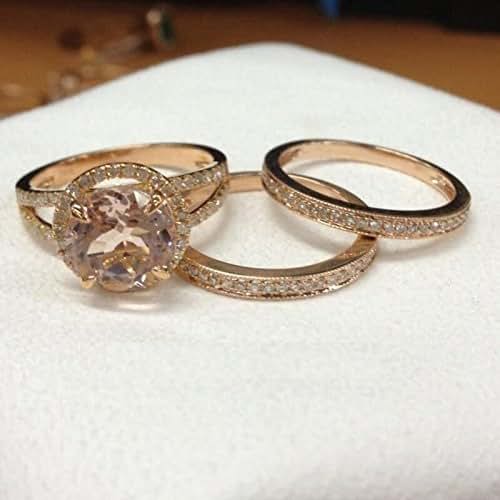 Amazon.com: Round Morganite Engagement Ring Trio Bridal Set Pave Diamond Wedding 14k Rose Gold 