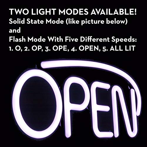 LED Neon Open Sign for Business - Bright White | Large for Business Displays 22.5'' x 9.5'' | Unique Modern Design | Five Steady and Flashing Modes | Includes Extra Will Return Open Closed Clock Sign