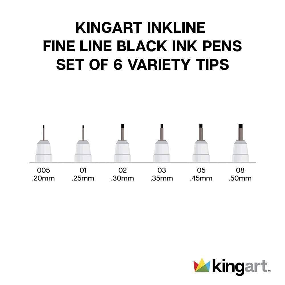 KINGART 430-6 PRO Inkline Black Micro Line & Precision Graphic Pens, 6 Assorted Nibs, BLACK Archival Waterproof Japanese Ink for Art, Illustration, Calligraphy, Sketching, Anime, Technical Drawing, Manga