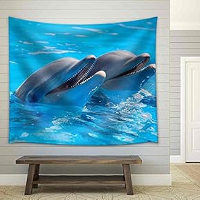 Happy Dolphins in The Blue Water of The Swimming Pool - Fabric Wall Tapestry Home Decor - 51x60 inches
