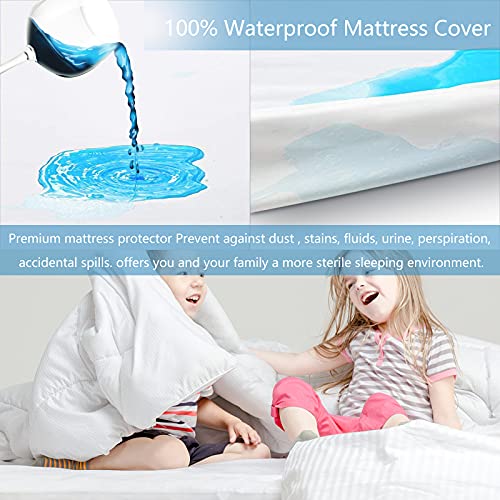 FANOYOL Waterproof Mattress Protector, Deep Pocket Mattress Cover Breathable Soft Cotton Fitted Sheet for Kids Adults Pets 3 Pieces with 2 Pillowcases White