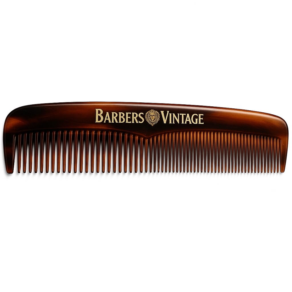 Barbers Vintage Classic Hair Comb for Men - Handmade Fine & Coarse Tooth Comb with Tortoise Shell Finish - 18cm Deluxe Grooming Comb for Hair, Beard & Moustache - Durable, anti-static & Stylish