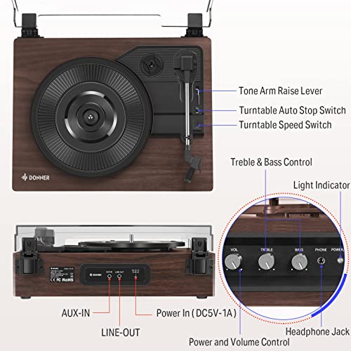 Donner Vinyl Record Player, Bluetooth Turntable for Vinyl Records with