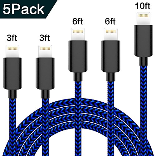 image for IPhone Charger TNSO 5 Pack (3/3/6/6/10ft) Extra Long Nylon Braided 8 P