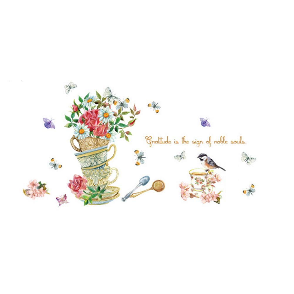 Colorful Painting Style Vinyl Wall Sticker with Flower Birds for Home Kitchen Decoration